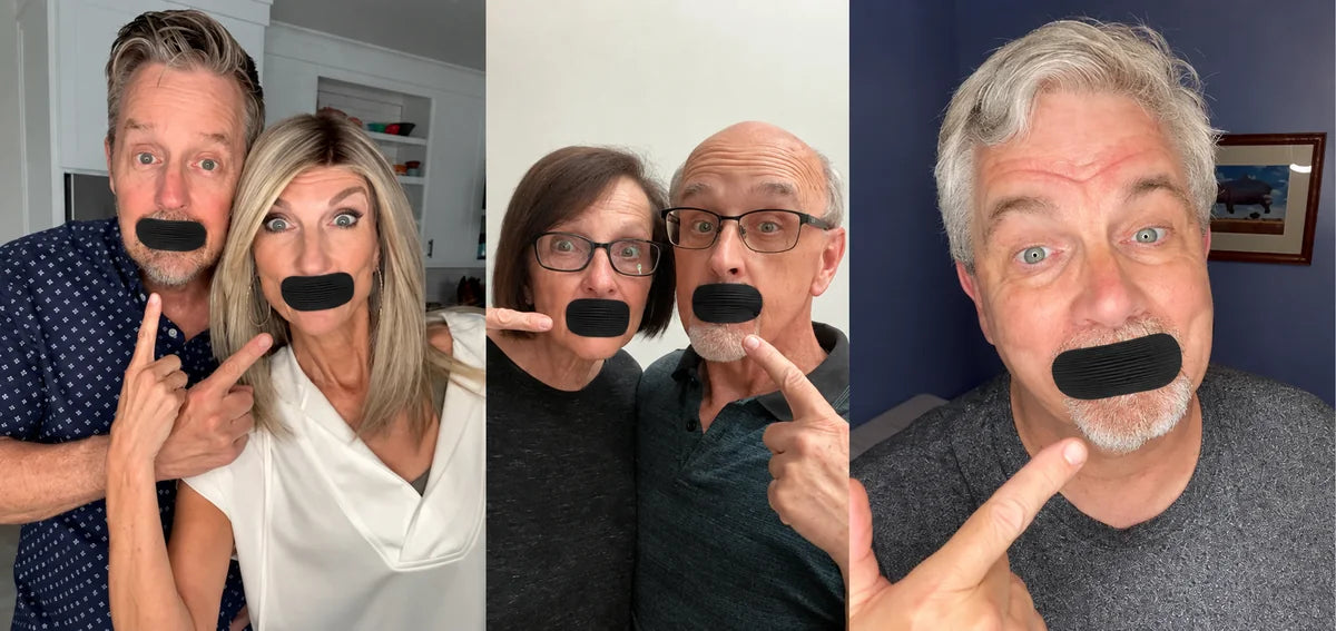 Three customer photos showing people wearing black mouth tape