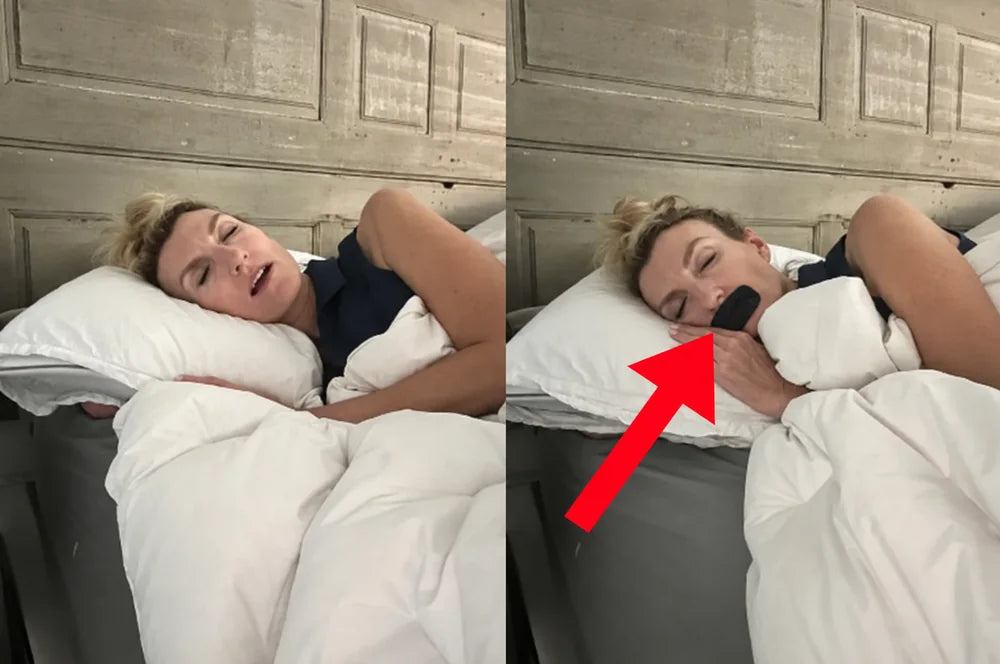 Woman sleeping before and after applying black mouth tape